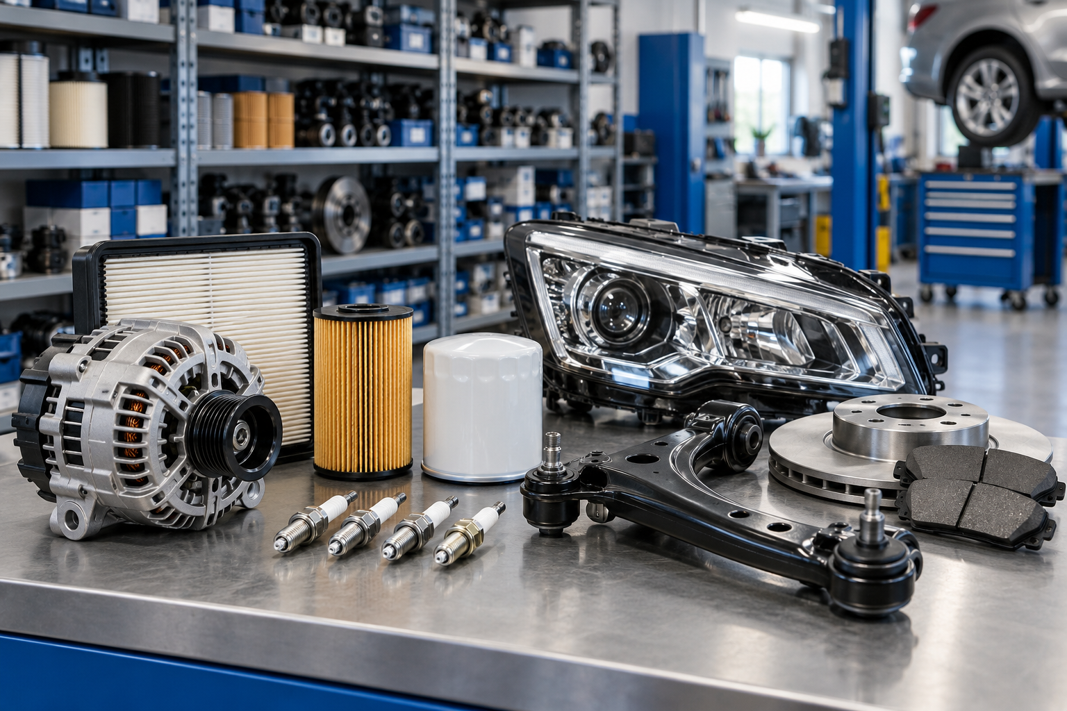Illustrative selection of automotive spare parts on a workshop counter